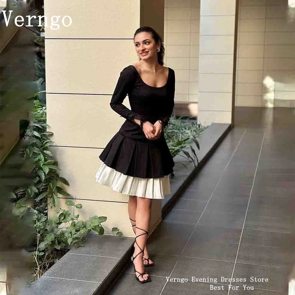 

Verngo Black Satin Mini Prom Gowns Square Collar Party Dress For Women Full Sleeves A Line Formal Occasion Dress