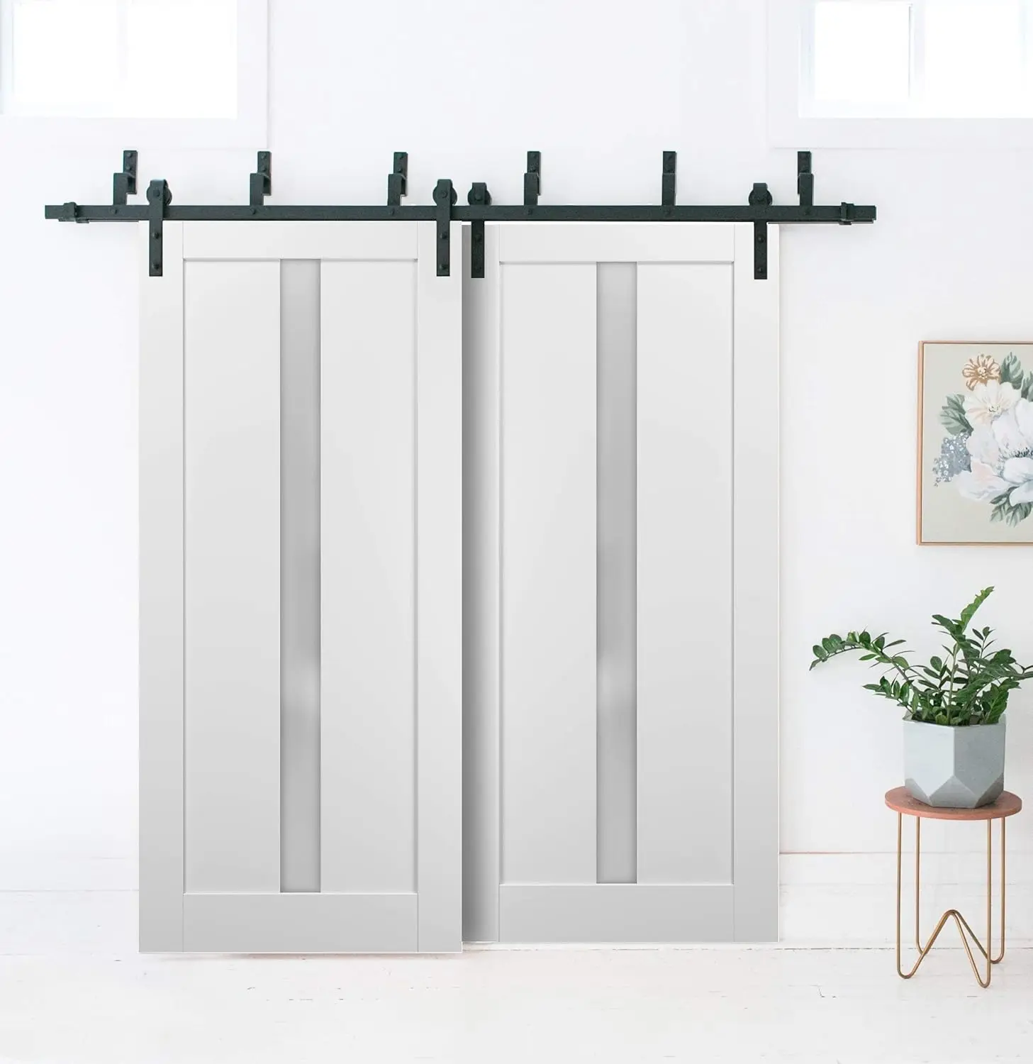 Sartodoors - Barn Bypass Doors 36 X 80 With 6.6Ft Hardware | Quadro 4112 White Silk With Frosted Opaque Glass | Sturdy Heavy