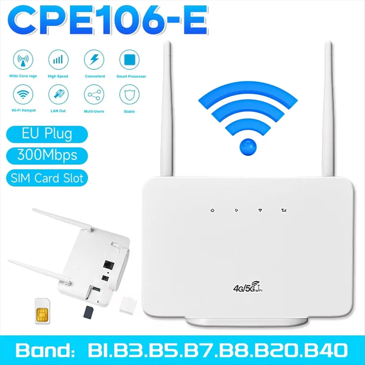 A85P 4G LTE CPE Router Modem 300Mbps Wireless Hotspot External Antenna with Sim Card Slot for Home Travel Work EU Plug
