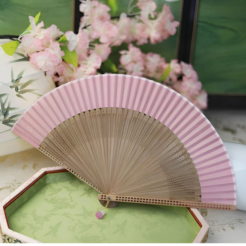 Solid Color Bamboo Folding Fan with Hollow Carved Frame Portable Summer Cooling Daily Fan for Women Hanfu Cheongsam Dance Gift
