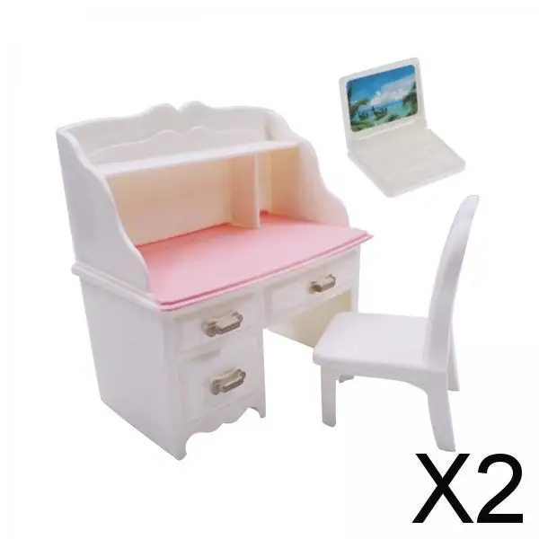 2X Dollhouse Miniature Desk Chair for Living Room Decor With White Laptop