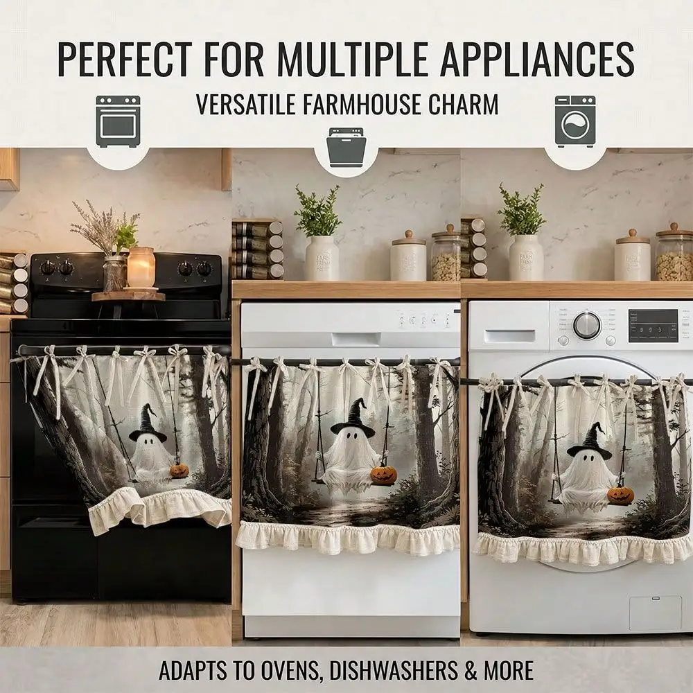 2D Ghost in Forest Pattern Multi-Functional Decorative Curtain, Suitable Kitchen Valance, Oven Cover, Washing, Dishwasher, Bathroom Window Treatment, And Kitchen, Halloween Kitchen Apron