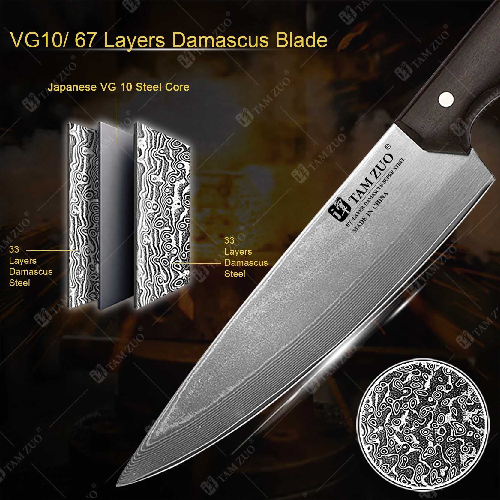TAMZUO Damascus Steel Chef Knife Japanese Meat Cleaver Vegetable Slicing Knife Solid Wood Boning Knife for Butchering with Box
