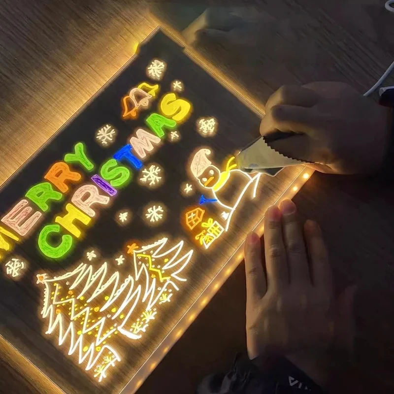 Rewritable DIY Children's Glowing Drawing Board Message Lamp With 7 Colorful Pens Light Up Acrylic Message Board