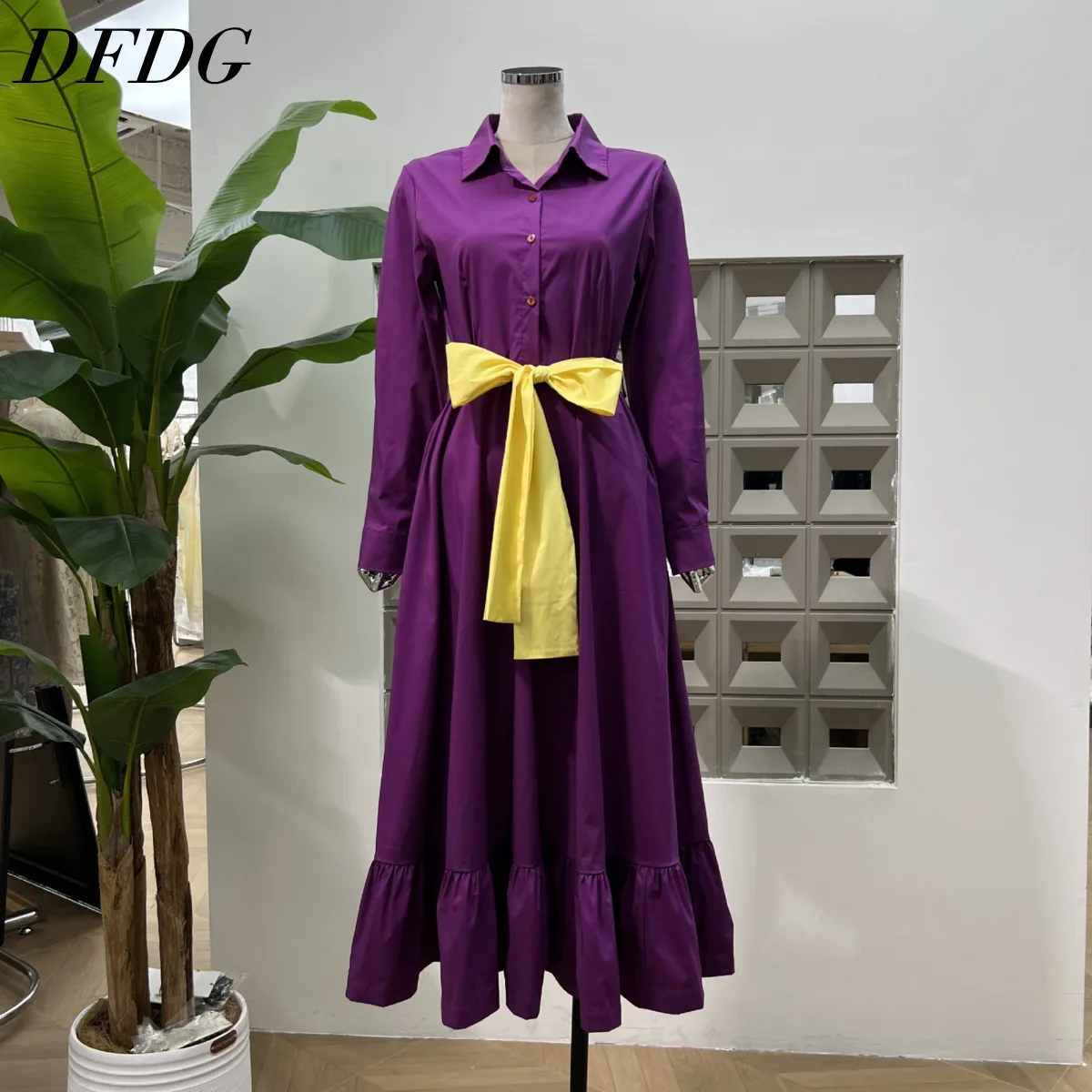 

DFDG 2023, летнее новое стильное простое и элегантное фиолетовое платье с длинными рукавами и одной пуговицей, с поясом, с дизайном на талии