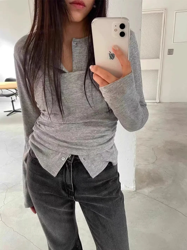 2025 Otoño Invierno mujeres falsas dos piezas moda coreana Top diseño de manga larga 2000s camisetas de Color sólido Coquette Gyaru Y2k nuevo