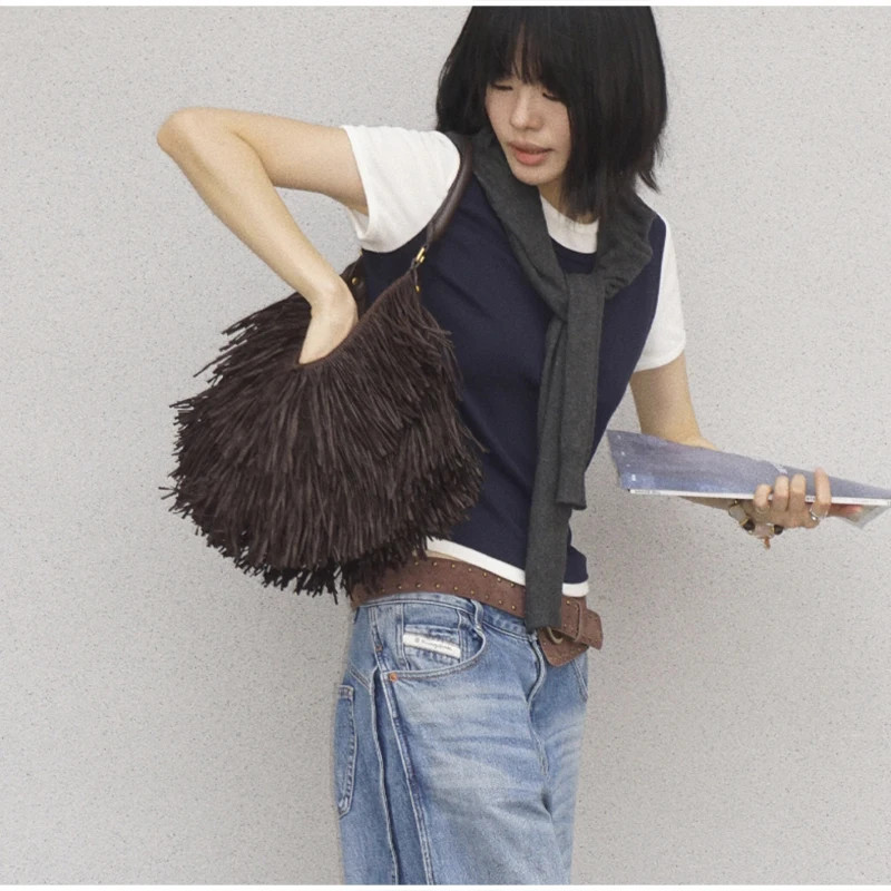 Vintage-Handtasche mit Quasten, Damen-Hobo-Fransen-Unterarm-Schultertasche, Designer-Retro-Freizeit- und Alltagstasche, Kaffeebraun – Detail 7