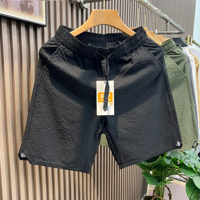 High-End Bubble Cloth Casual Shorts Men's Summer Ice Silk Quick Dry Loose Sports Beach Five-Quarter Pants Straight Leg Fit