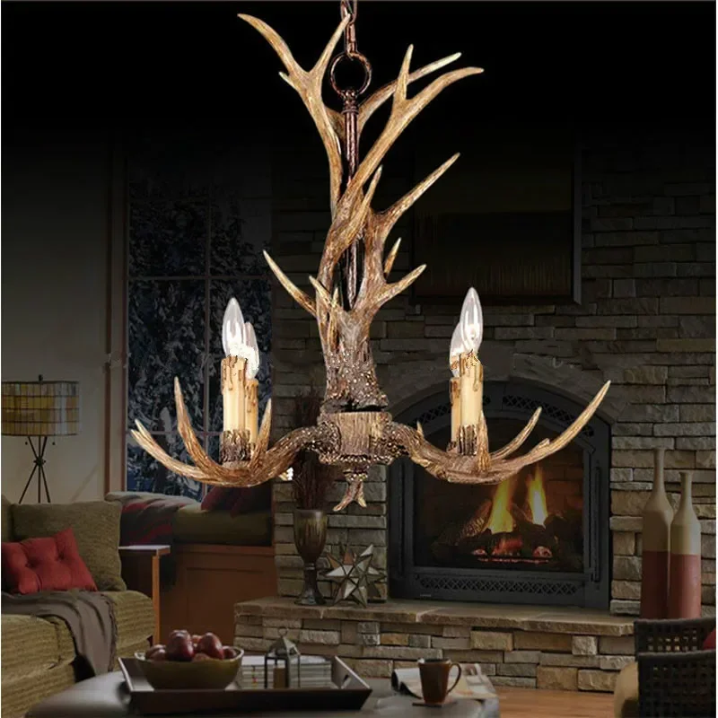 Europe Country 4 Heads Brown Dining Room Antler Chandeliers Lights Pendant Lamps Ceiling Fixtures