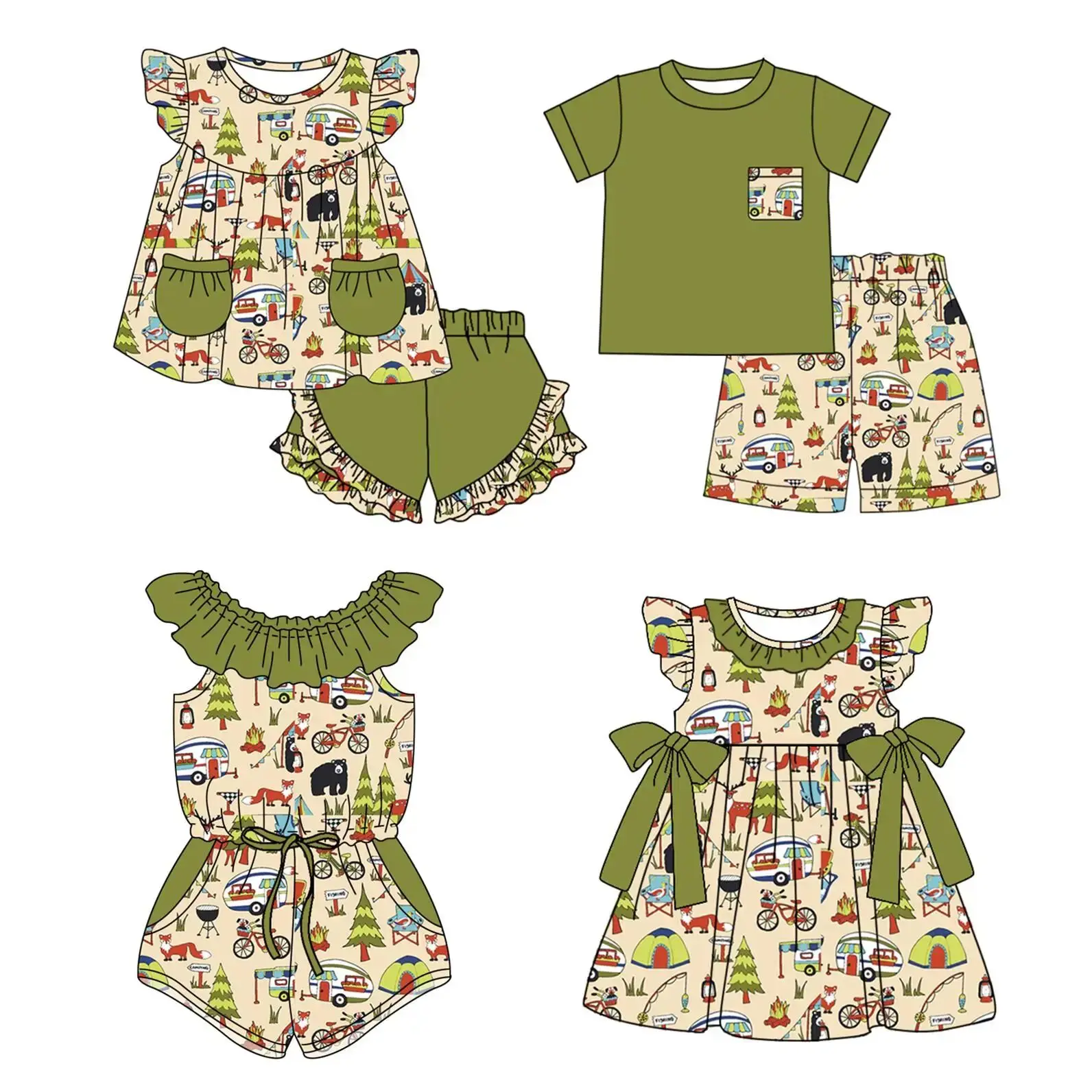 

Hot selling children's clothing set green printed baby girl bow pearl dress summer matching suit wholesale