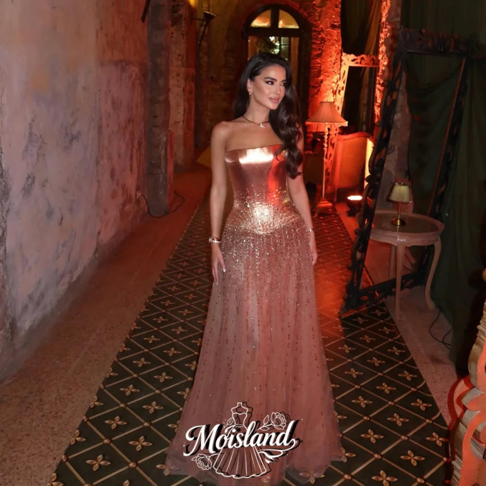 MOISLAND Customized Elegant Strapless Evening Dresses Gold Sequined Sleeveless Straight Formal Birthday Party Prom Gowns