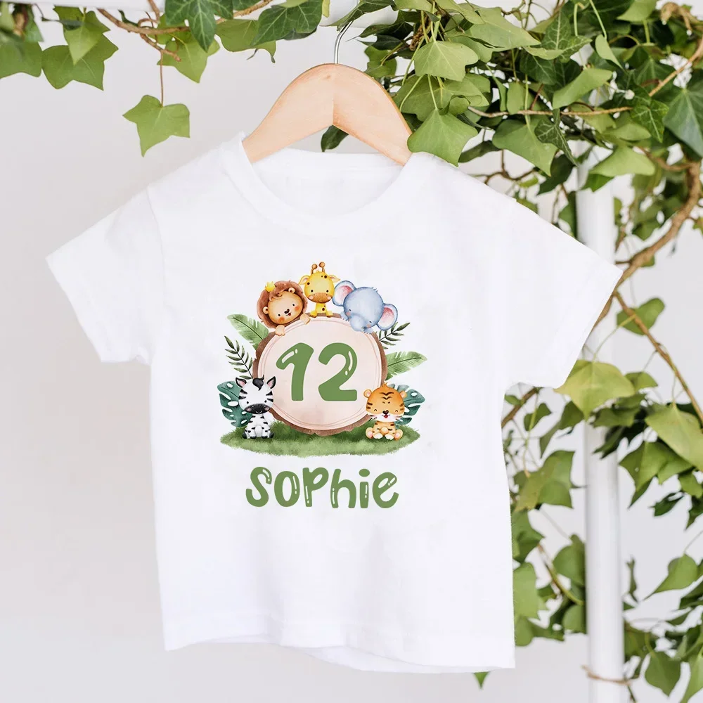 Custom name Birthday Shirt 1-12 Year T-Shirt Girls Boys Wild Animal Theme  Party Kids Tshirt Animal With Name Clothes Kids Tops