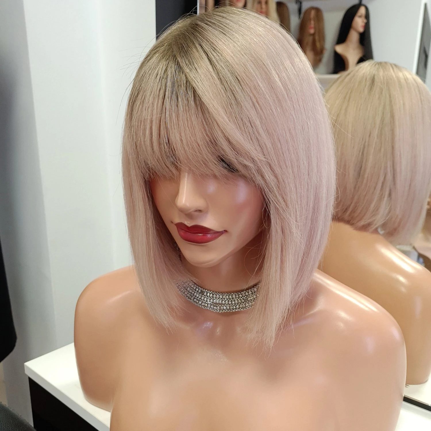 

100% Remy Human Hair Wig Melting Roots Ombre Blonde Cute Bob Wig with Bangs Short Straight Lace Frontal Wig 12" 180% Daiy Use