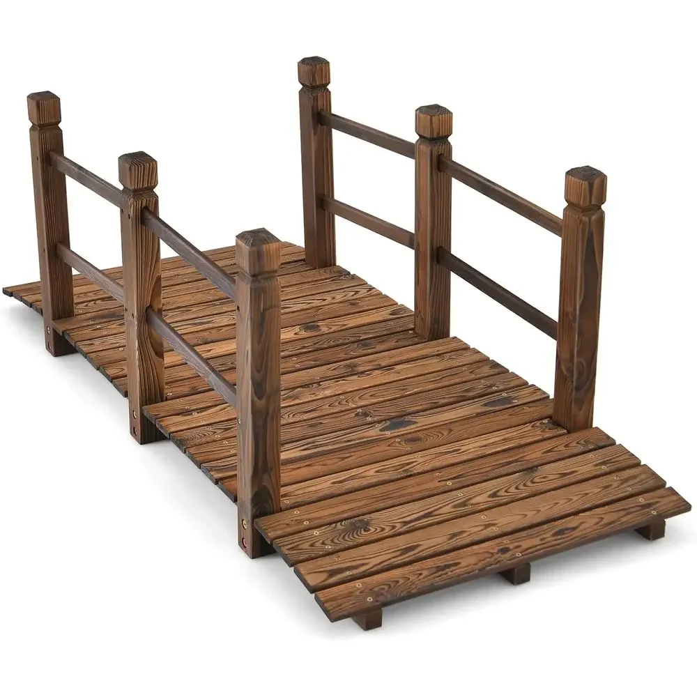 5ft Wooden Arch Bridge with Double Safety Rails for Outdoor Garden, Backyard, or Gravel Pathway (Stained Wood)