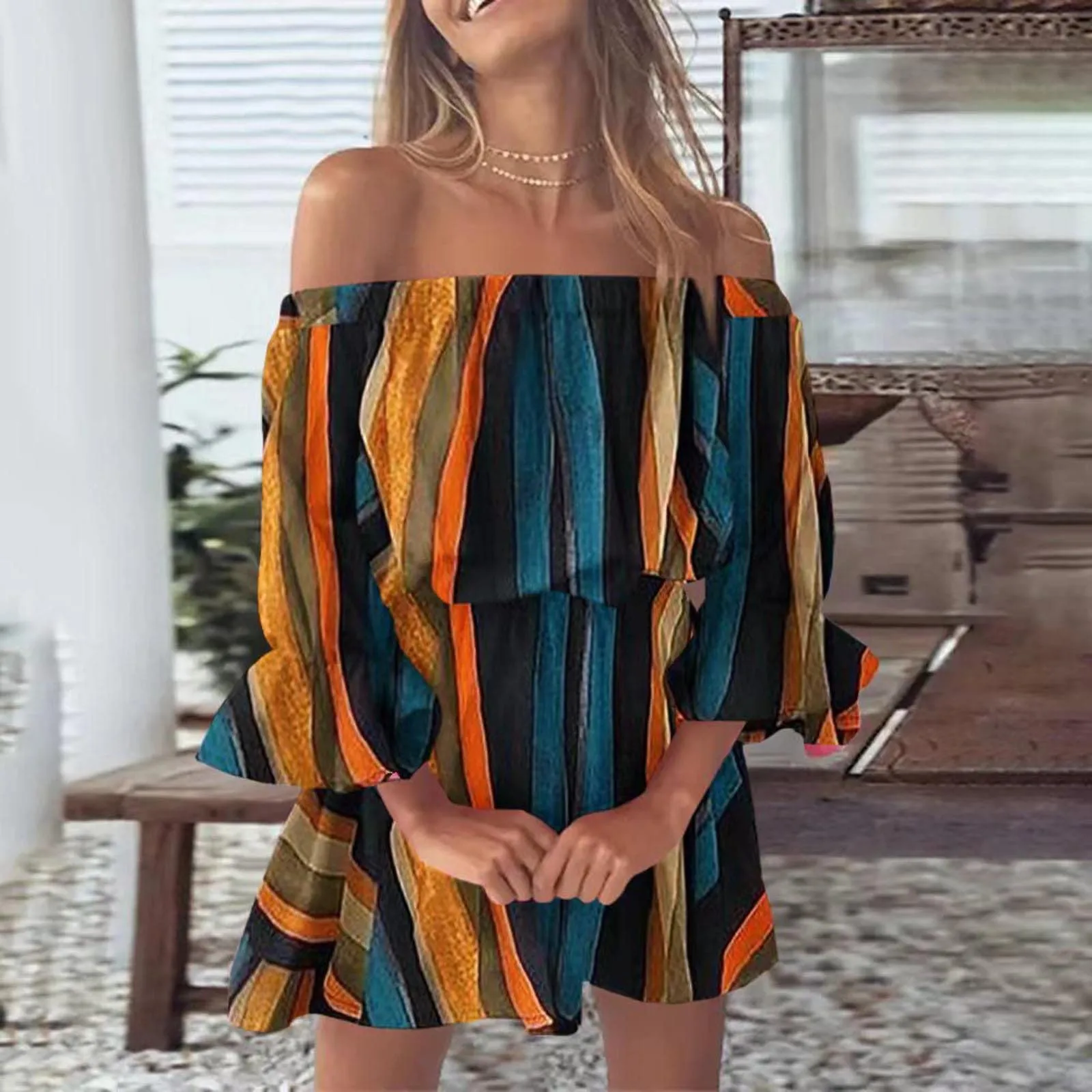 

Stripe Print Elegant Off Shoulder Dresses for Women Summer Slash Neck Short Sleeve Boho Beach Sundress Ladies Ruffles Dress