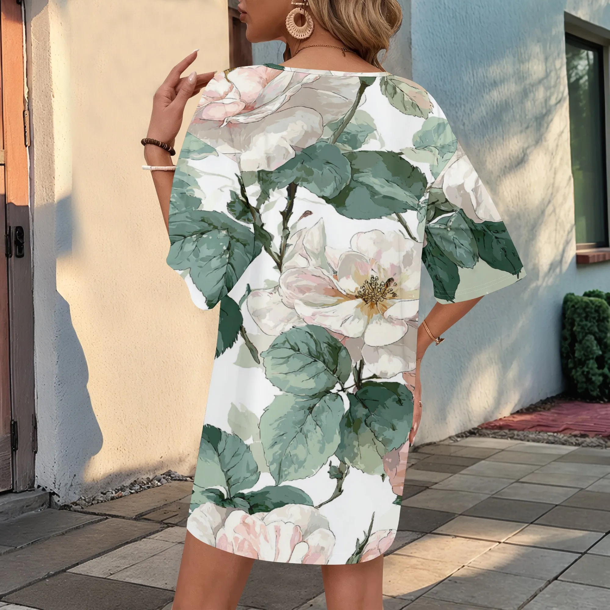 

Women's Floral Print T-shirt Dress | Oversized Loose Fit Mini Dress with Batwing Sleeve XS-3XL