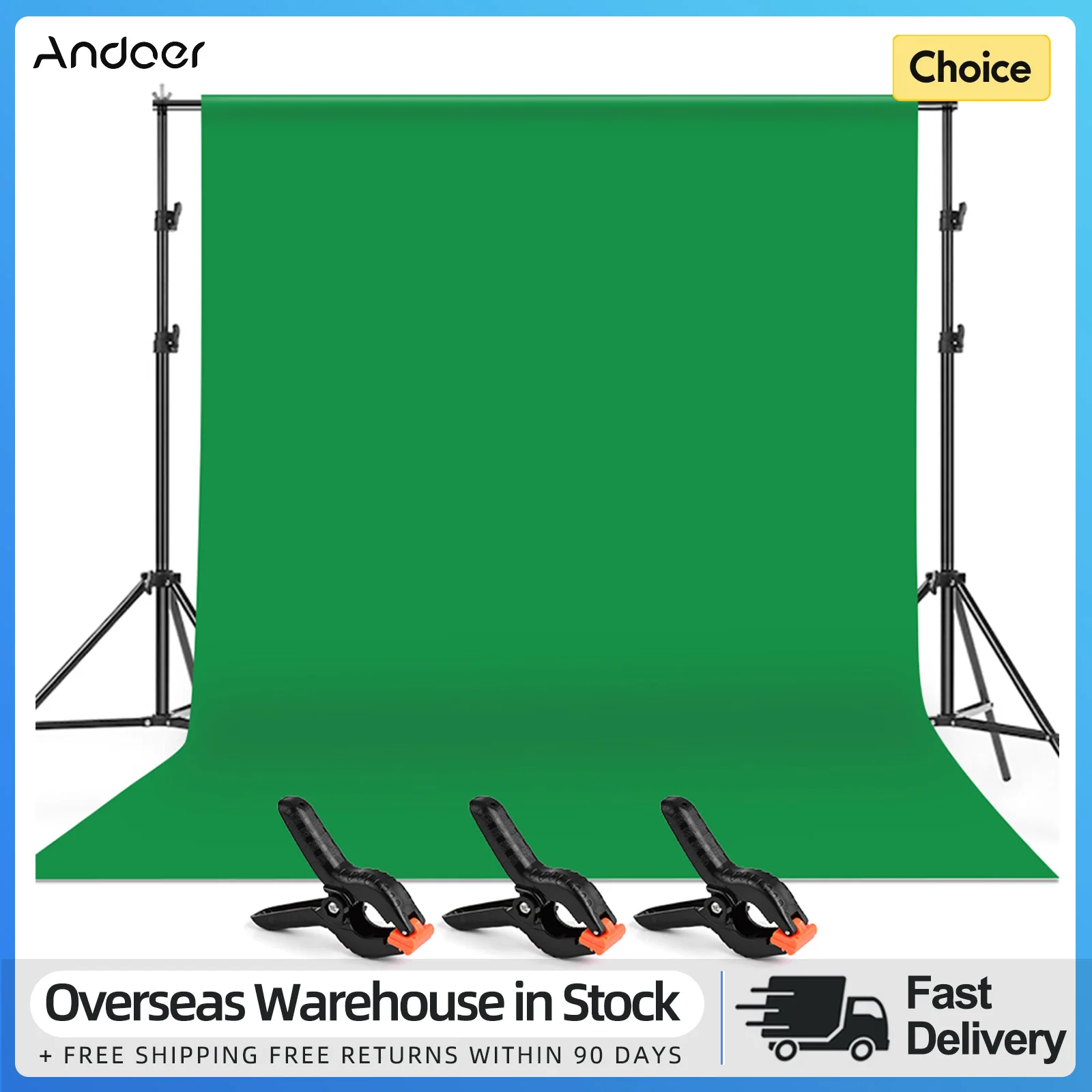 Andoer 2 * 3m/6.6 * 10ft Studio Photography Green Screen Backdrop Background with Backdrop Support Stand + 3pcs Backdrop Clamps