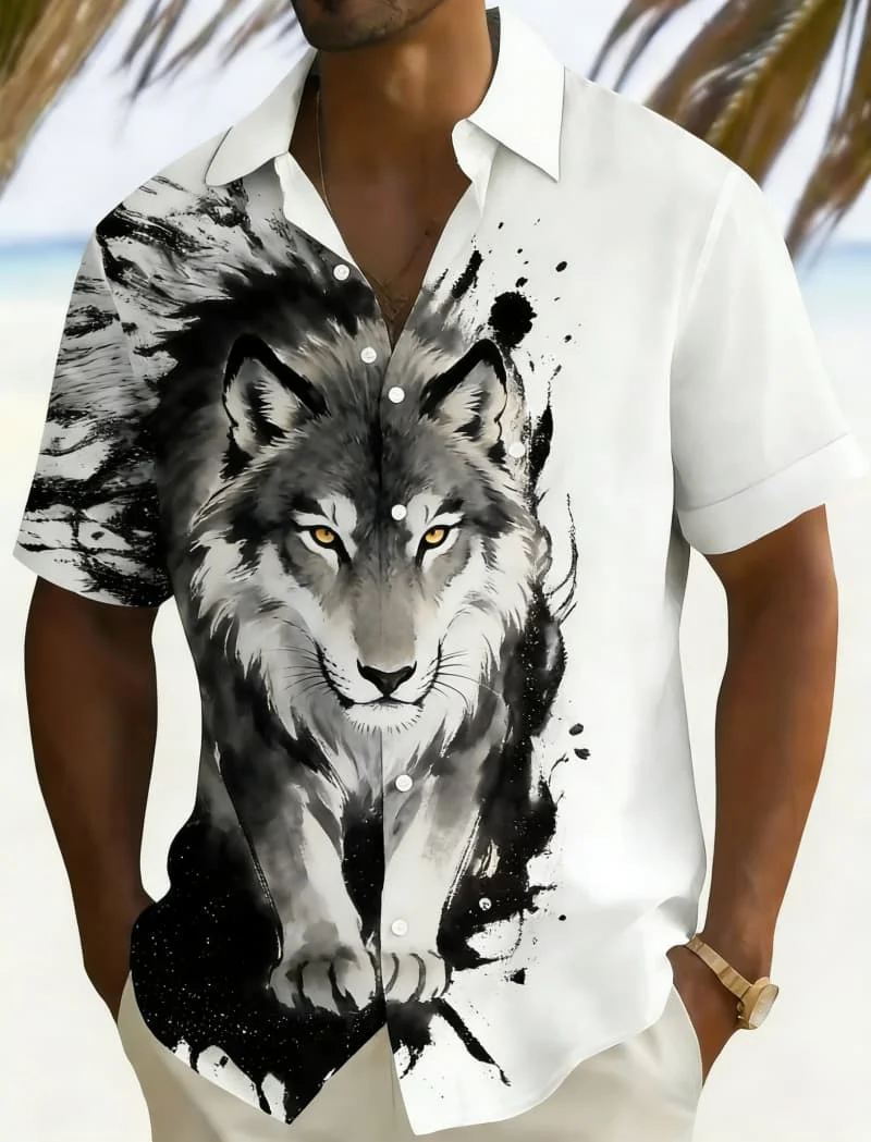 Men's Premium Ink Wash Animal Print Shirt, Luxury Casual Design for Daily Wear, High-End Streetwear & Vacation
