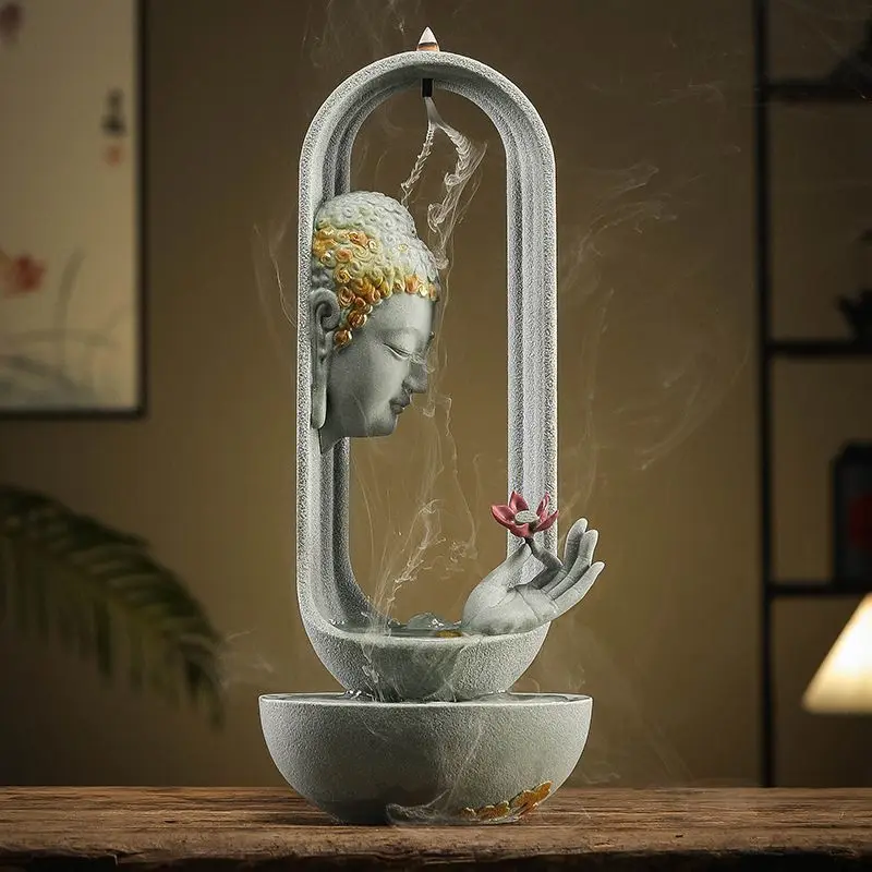 Zen Buddha head flowing water ornament, Chinese circulating water lucky desktop humidifier tea table decoration