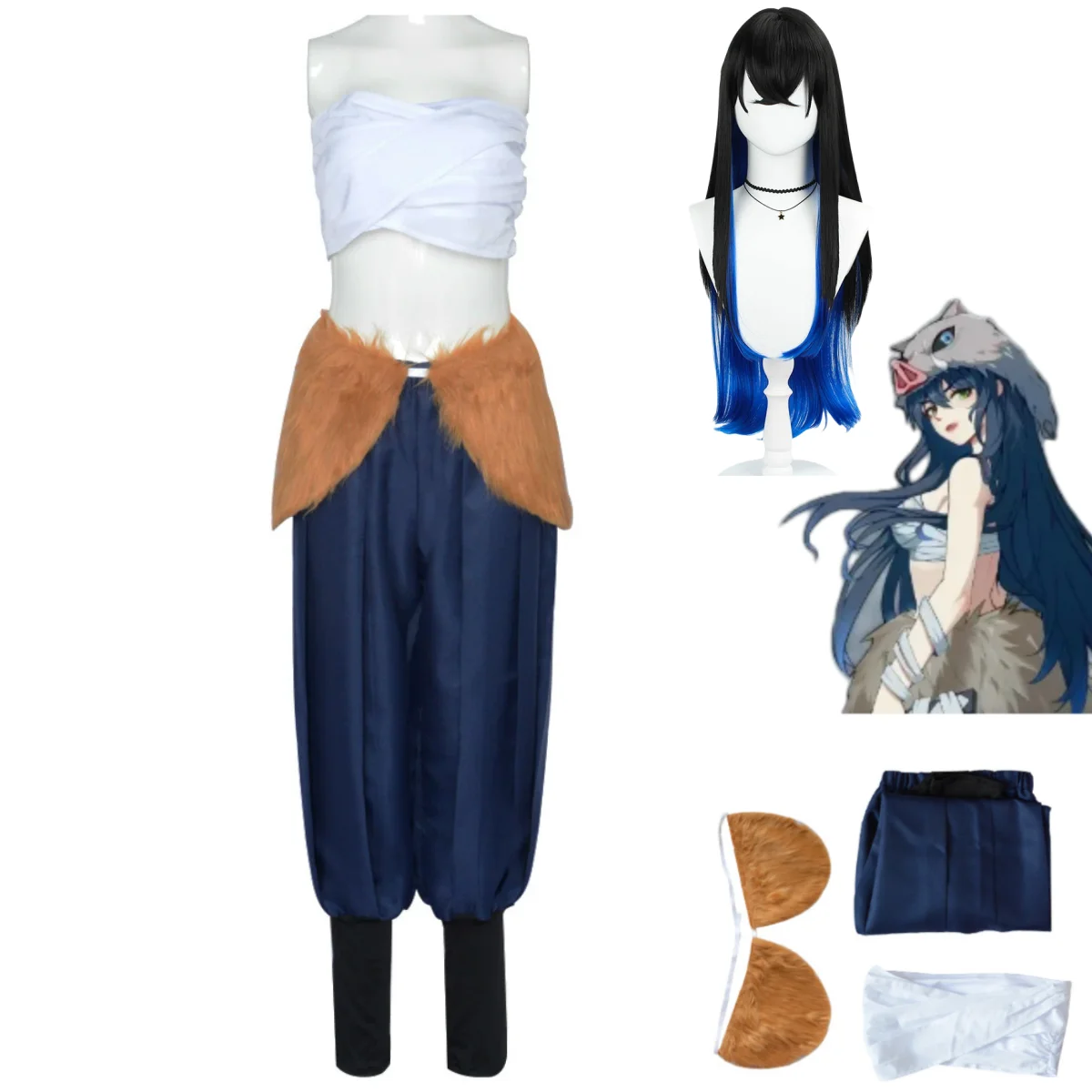 Anime Hashibira Inosuke Cosplay Costume Wig Sexy Tube Tops Pants Waist Decorations Combat Uniform Full Set Woman Halloween Suit