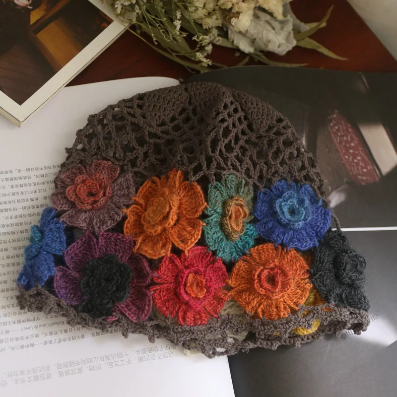 Women\'s knitted hat autumn and winter gradient color handmade crochet flower toe cap hat retro beauty elegant hollow painter hat