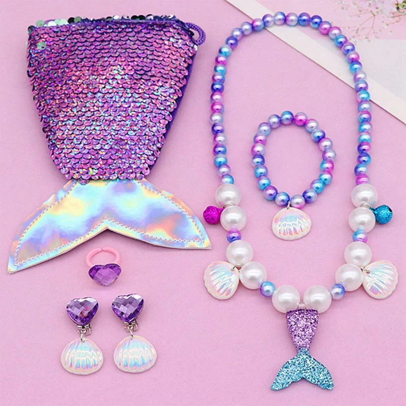 1set Kids Girls Child Pearl Acrylic Shell Shape Mermaid Necklace Bracelet Ring Ear Studs Clips Jewelry Set with Shoulder Bag