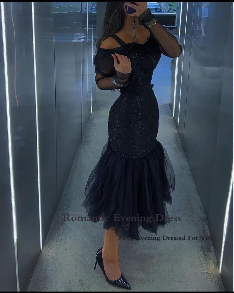 Romantic Evening Dresses Black Lace Trumpt Elegant Prom Dresses Ankle Length Long Sleeves Spaghetti Strap Formal Prom Gowns 2022