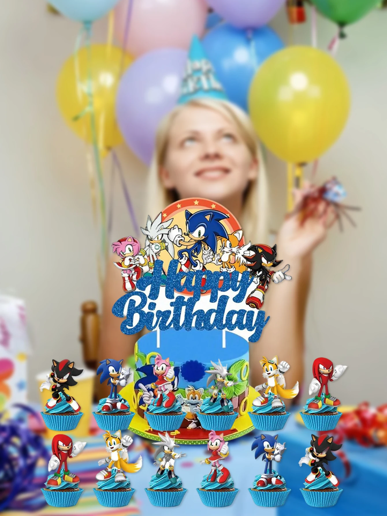 Sonic Cake Card 13/25 PCS,blue power strip card cake decoration,Happy Birthday decoration flag,birthday scene arrangement plugin