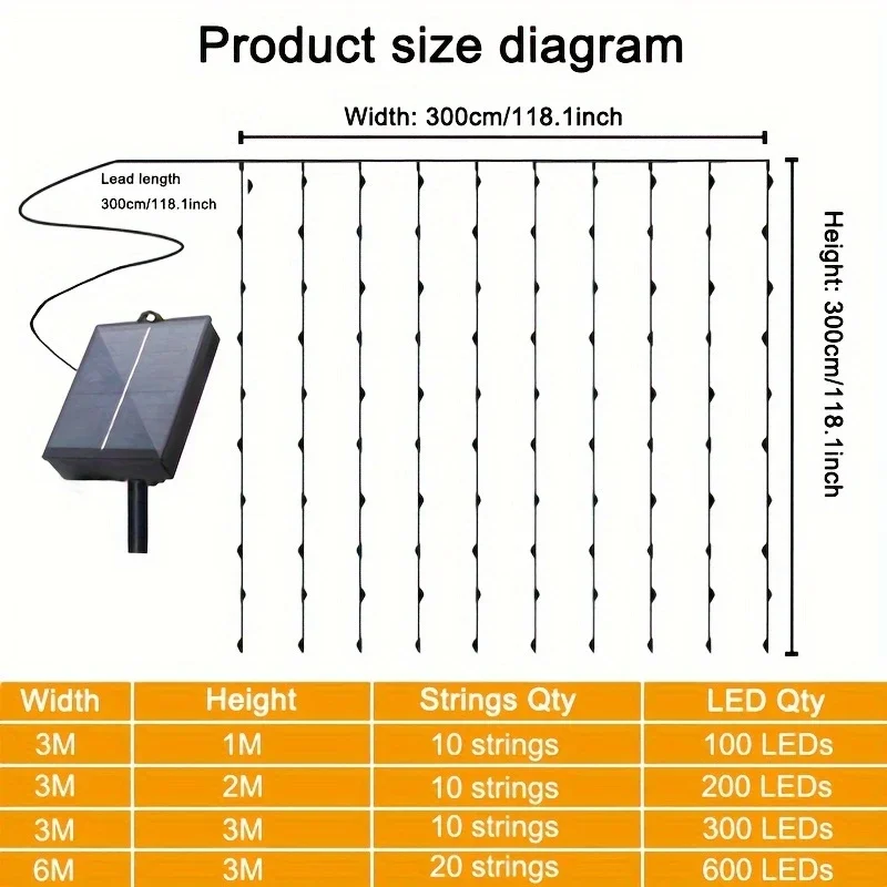 Solar Curtain Light LED Outdoor Waterproof 300leds Garland Decoration String Lights Yard Christmas Fairy Garland String Lights