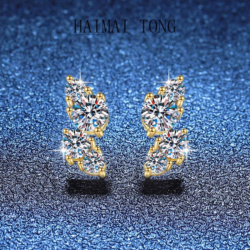 

HAIMAITONG PT950 Platinum Cross-border wind, stud earrings, moissanite stud earrings, golden versatile 2-carat moissanite earrin