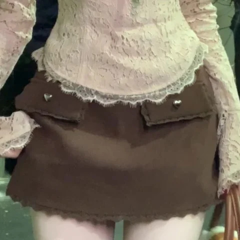 Harajuku Y2K الجمالية Harajuku البدلة الرجعية طويلة الأكمام بلايز تنورة خمر قطعتين مجموعة مساء حفلة الخريف سليم صالح أنثى جديد #5