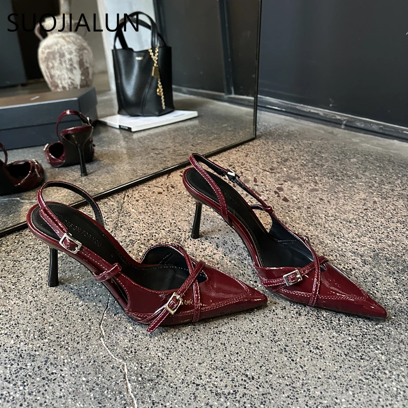 SUOJIALUN Summer New Brand Women Sandal Shoes Fashion Shallow Slip On Ladies Elegant Slingback Shoes Thin High Heel Dress Pumps