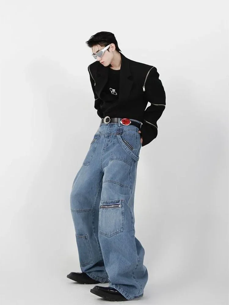 HOUZHOU Baggy Cargo Jeans Men Denim Wide Leg Trousers Male Oversize Casual Streetwear Hip Hop Pocket Zipper Safari Style