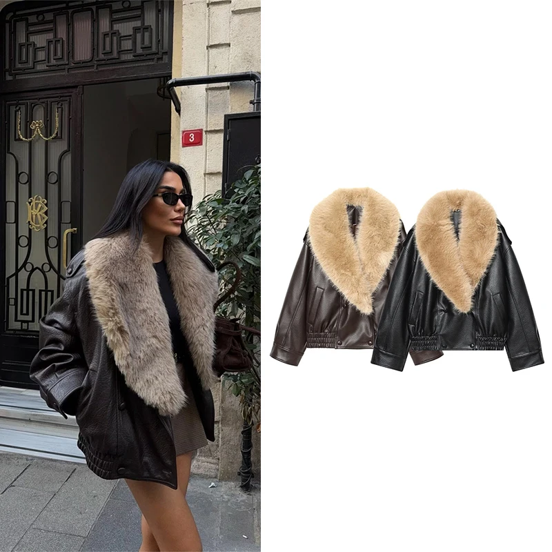 سترة نسائية من الجلد الصناعي مع ياقة قابلة للفصل وياقة كبيرة من الفرو كاجوال من الجلد الدافئ للخريف والشتاء #1