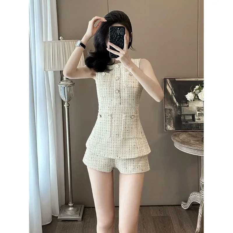 New French Small Fragrant Fashion Women's Suit Summer High End Elegant Sleeveless Top + Slim Shorts Elegant Two Piece Set
