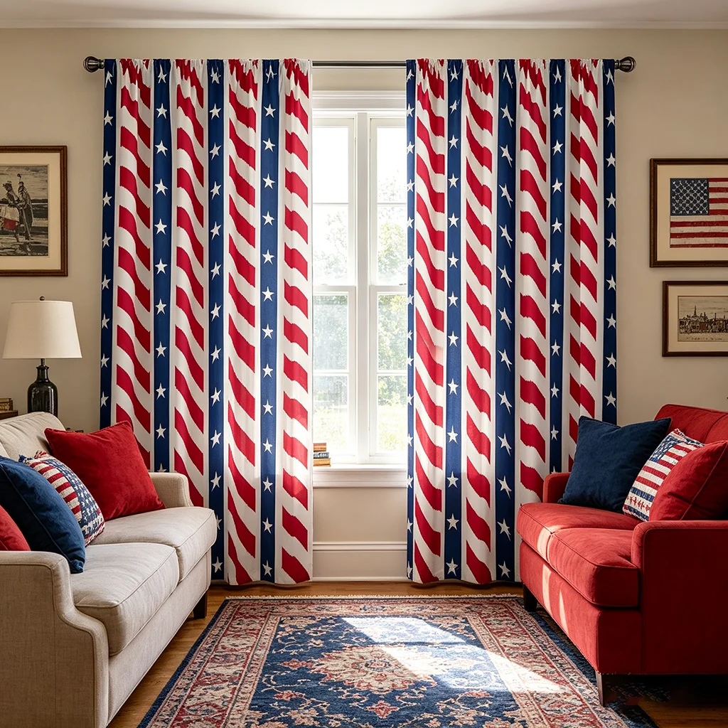 2PCS independent red, blue, and white striped printed curtains with pole pockets, suitable for bedrooms and living rooms