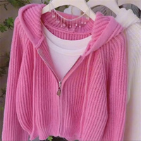 Pink Hooded Knitted Cardigan For Women's Autumn New Loose And Stylish Design Striped Short Sweater Zipper Jacket White Overcoat