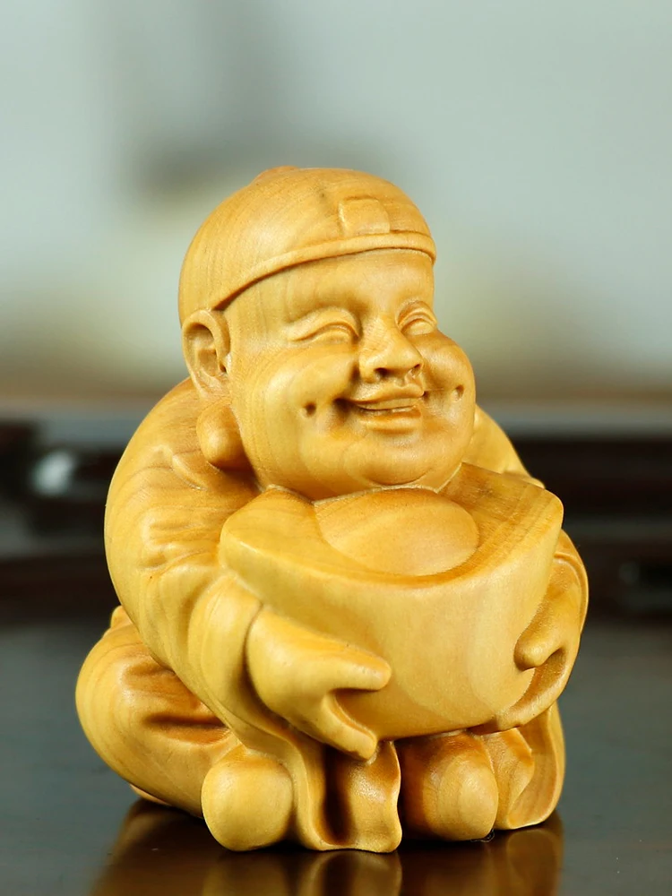 XS482- 5.8CM Tall God of Wealth Boxwood Sculpture Feng Shui Wood Carving Wealthy Man Statue Collection Ornaments