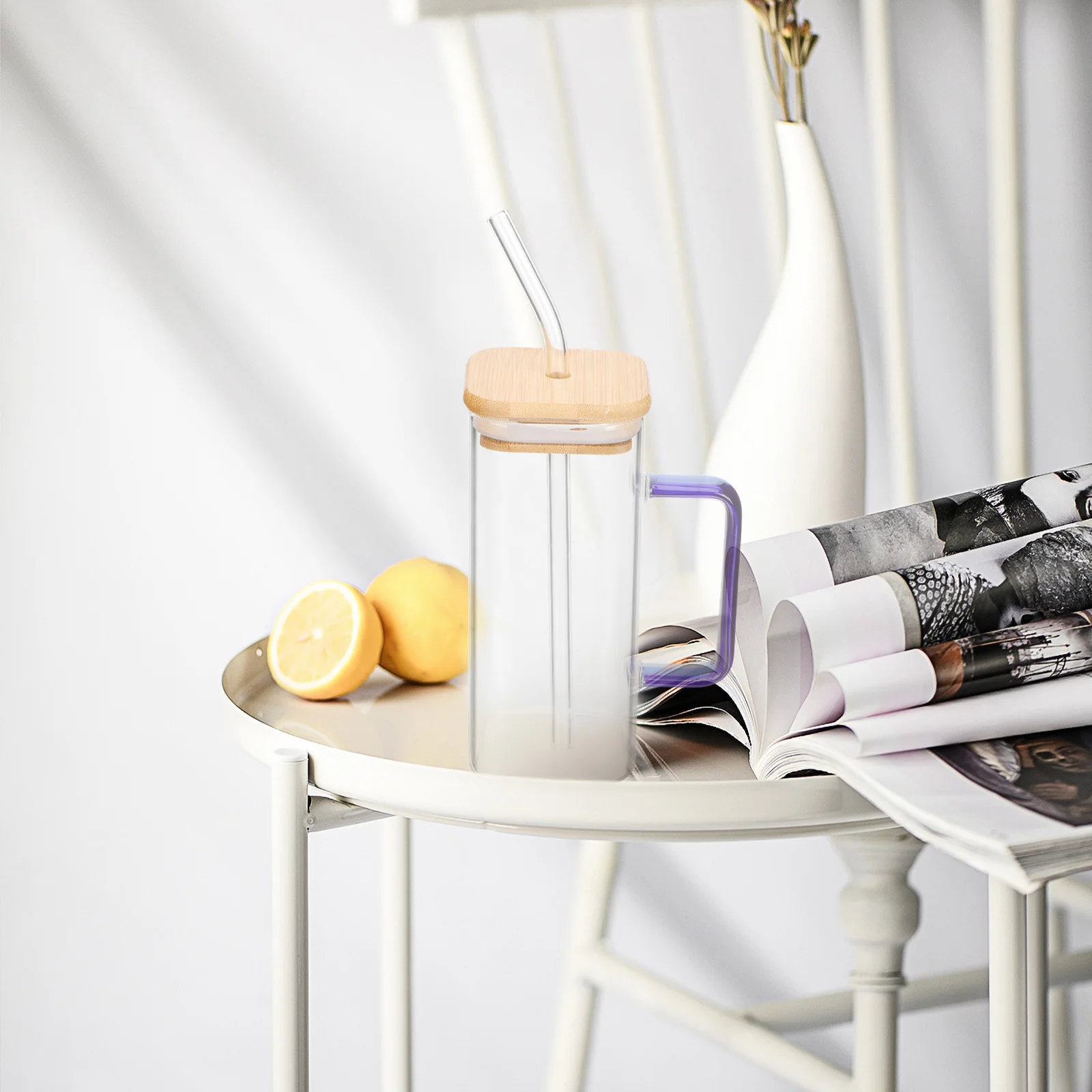 

Handle Square Mouth Glass Cup 400ML Straw Bamboo Lid Heat Resistant Transparent Juice Milk Water Beverage Cute Home Use
