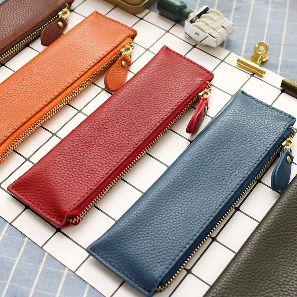 

100% Genuine Leather Zipper Pen Pencil Case Bag Litchi Embossed Leather Creative School Stationary Large Capacity Accessories