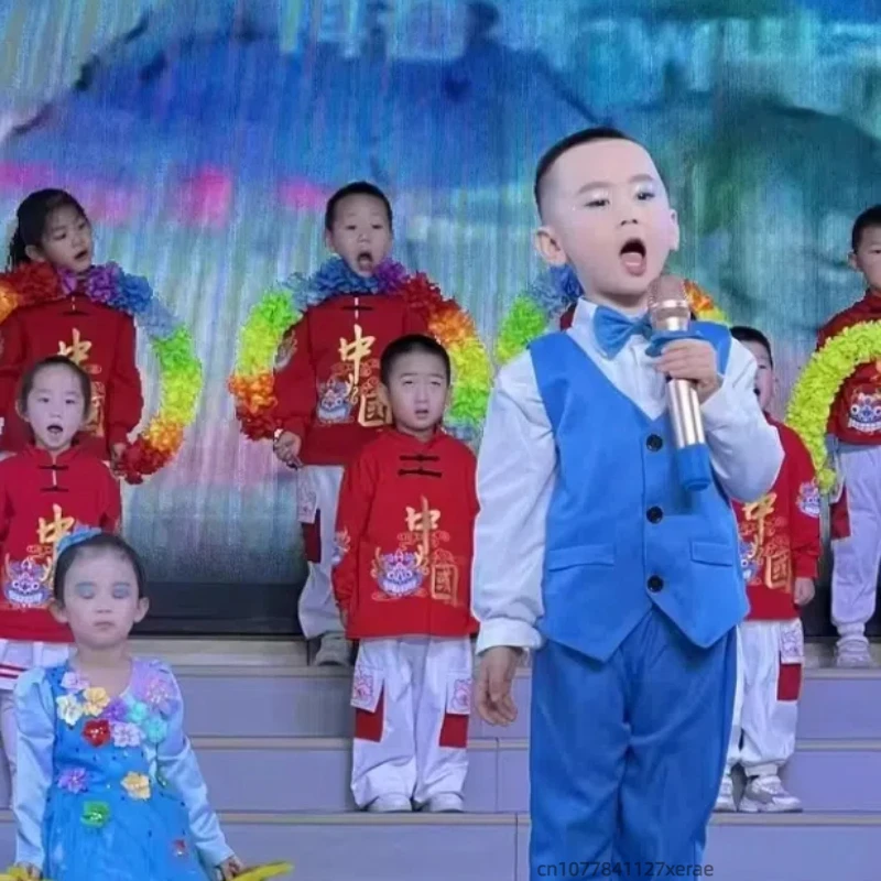 زي أداء رقص الجاز للأطفال، سترة للأولاد، قميص، بنطلون، طقم مكون من ثلاث قطع، زي أداء مسرح جوقة الطلاب