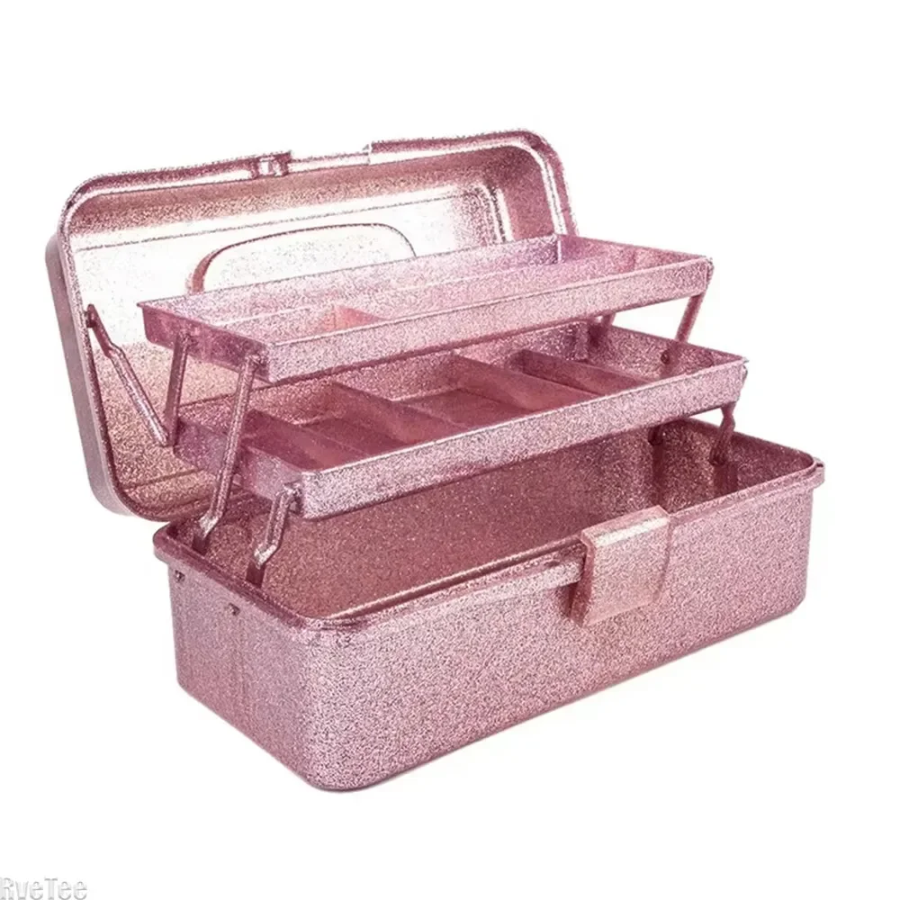 Glitter Pink & Craft Tool Storage Box 3-Layer Stackable Carry Tackle Beauty Cosmetics Hand-held Sewing Case Organizer for Art