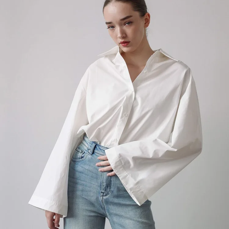 

Женский свободный топ с длинными рукавами, осенне-зимняя модная простая пригородная элегантная рубашка с воротником, повседневная однобортная блузка