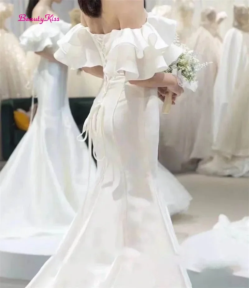 Mermaid Court Train Soft Satin Wedding Dress Elegant Off-Shoulder Lace-Up Bridal Gowns vestidos de mairee Wedding うでんぐどれす