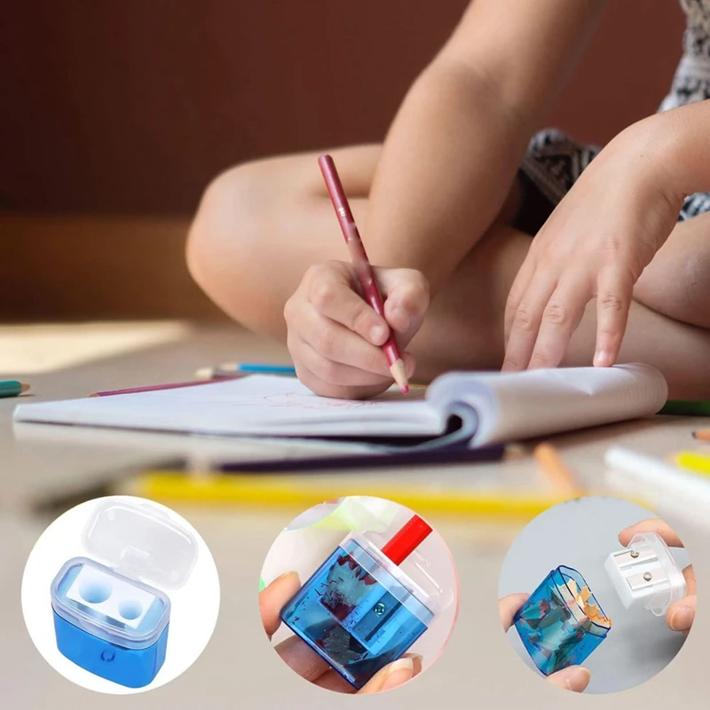 Pencil Sharpeners Manual Dual Holes Pencil Sharpener With Lid Portable Colorful Crayon Sharpener