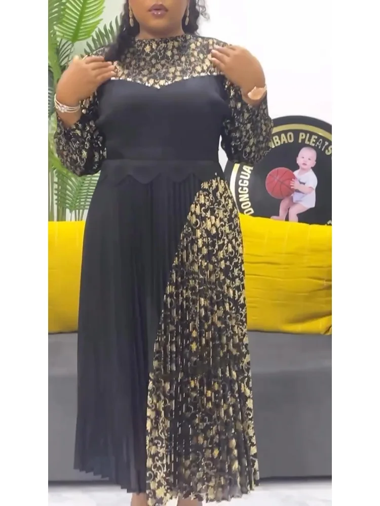 فستان EGRM عالي المرونة بطيات للنساء بياقة دائرية وأكمام طويلة وأربطة مطبوعة فساتين غير منتظمة الطيات 2025 جديد 6R4018