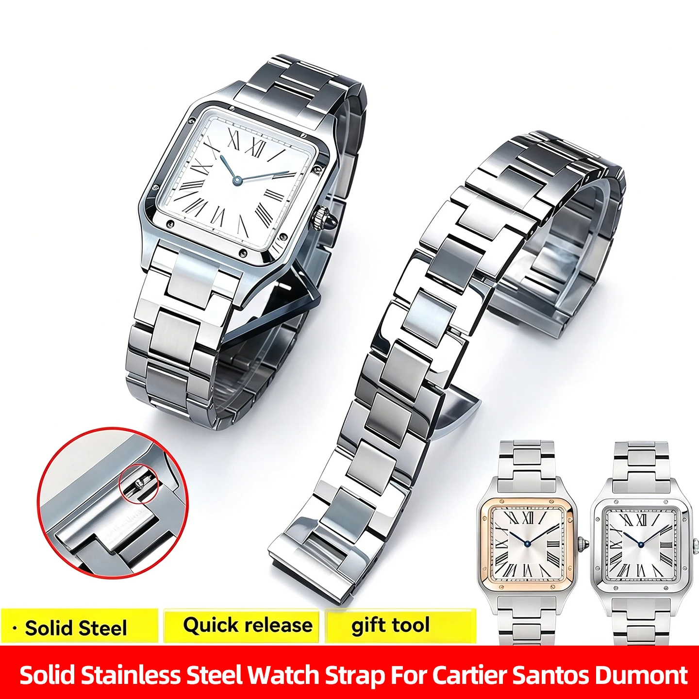 

17.5mm Quick Release Solid Stainless Steel Watch Strap For Cartier Santos Dumont WSSA0086 WSSA0032 Series Unisex Metal WatchBand