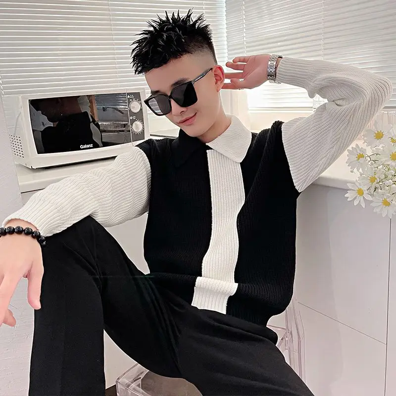 Autumn Winter KPOP Fashion Style Harajuku Slim Fit Knitwear Loose Casual All Match Tops Insert Lapel Contrasting Colors Sweaters