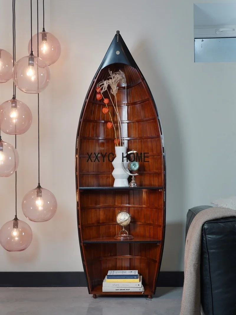 Floor Retro Distressed Accessories Boat Canoe Bookshelf Display Cabinet Bookcase