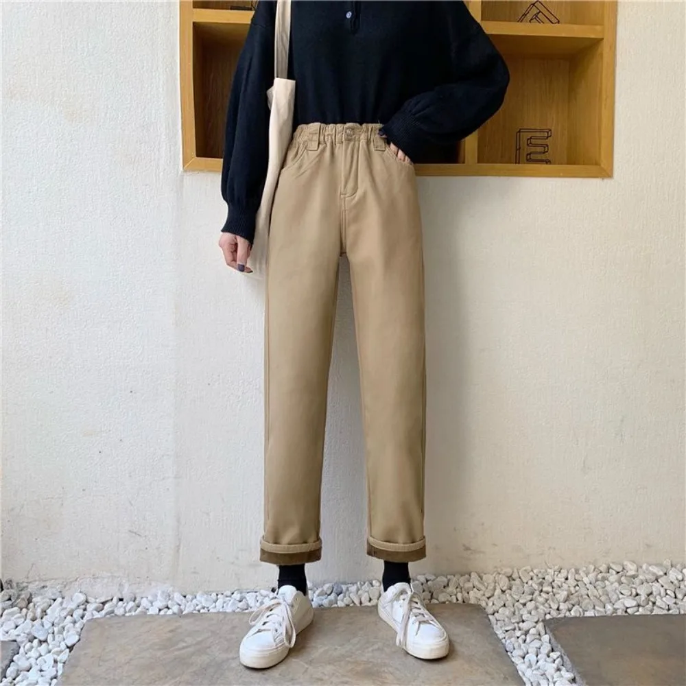 ジーンズ女性ベルベット厚いカーキハイウエストジッパー弾性ストレートシンプルな学校オールマッチレディースズボンシックな婦人服